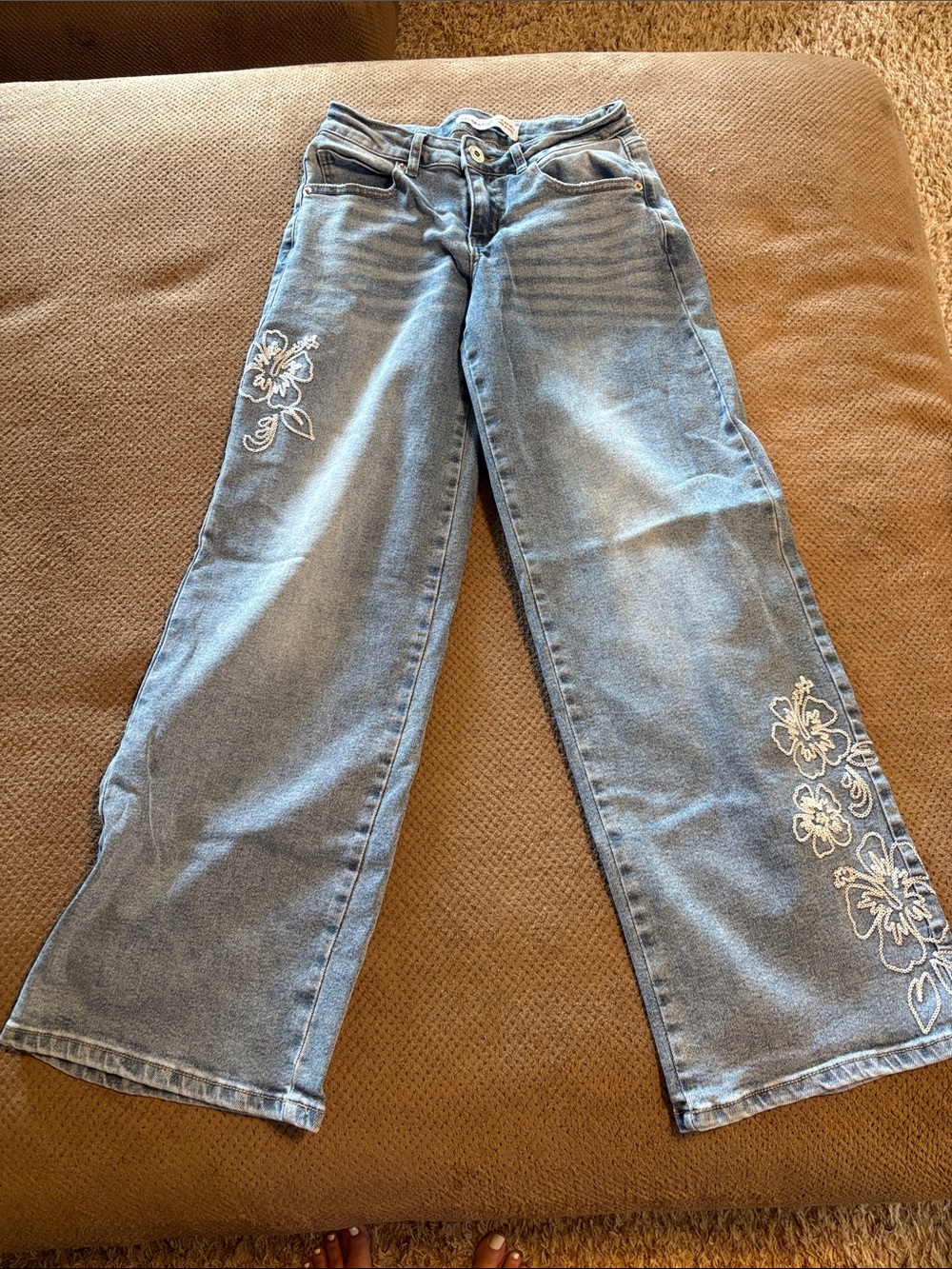 Light Blue Embroidered Wide-Leg Jeans